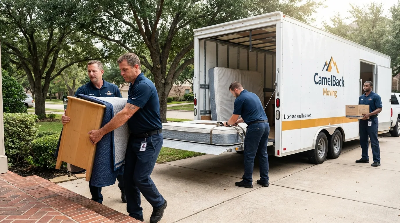 Crew loading residential truck for cross-state move from Morgan Hill, CA