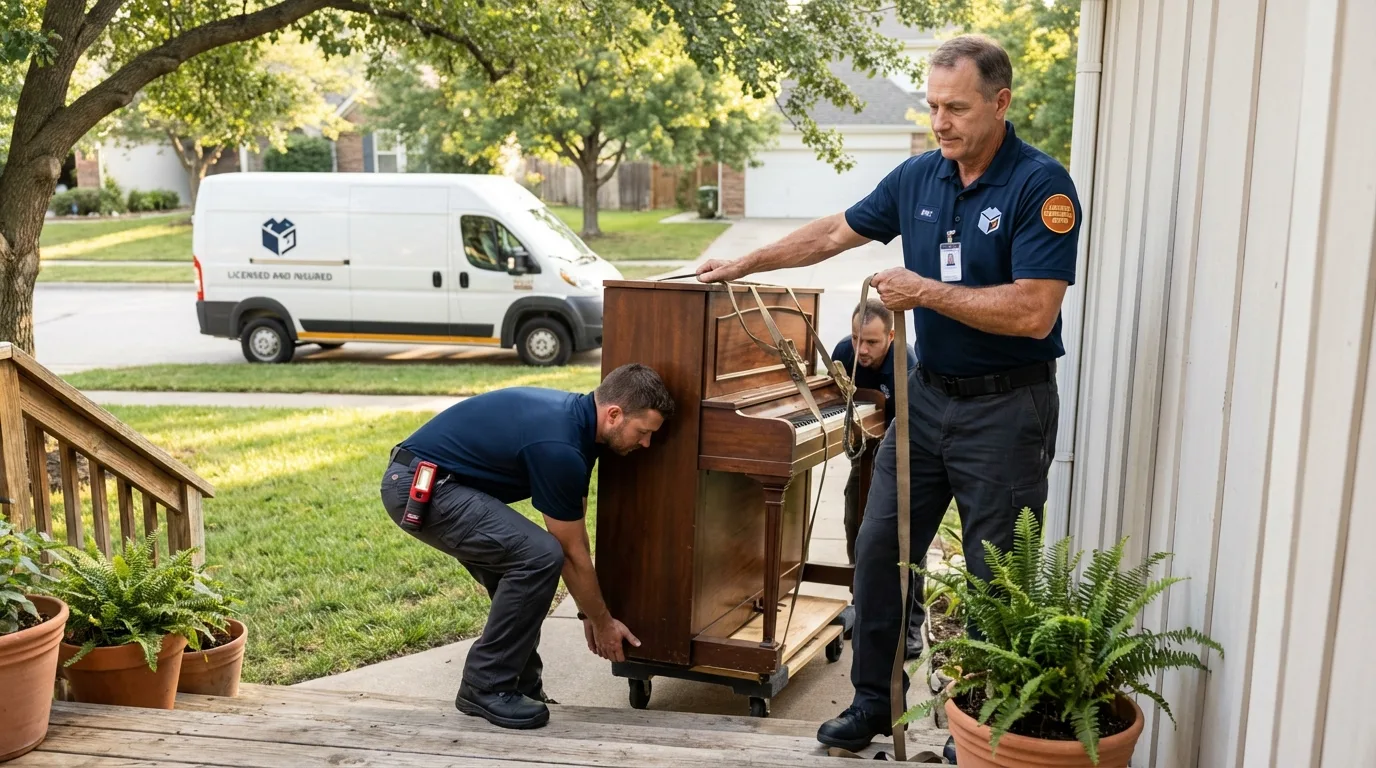 Licensed piano movers securing grand piano in Morgan Hill, CA