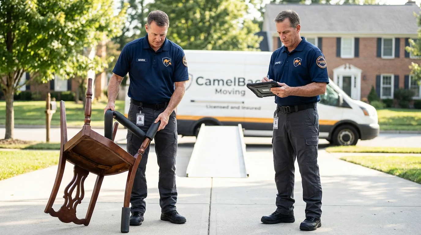 Movers inspecting furniture for damage prevention before loading in Morgan Hill, CA