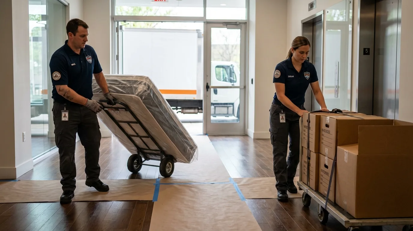 Professional apartment movers loading elevator in Morgan Hill, CA